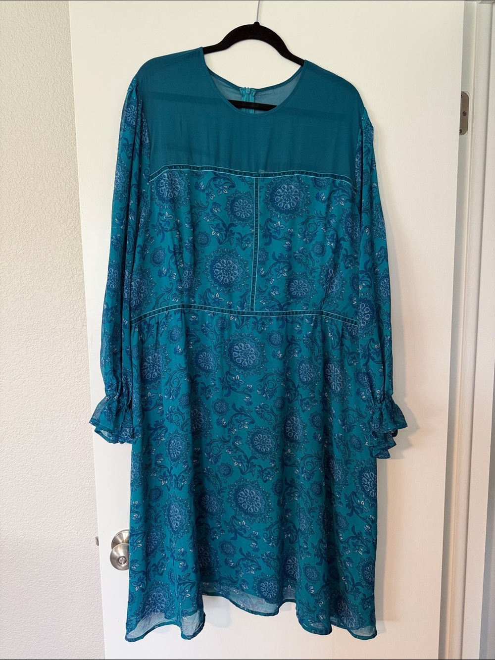 Paisley Teal Long-Sleeve Midi Dress